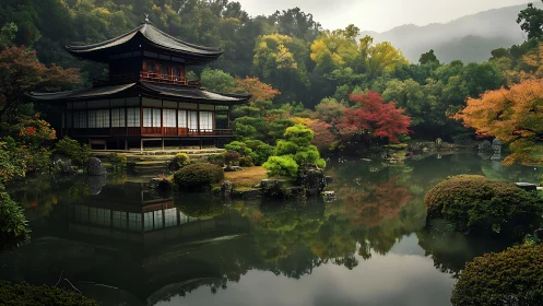 Photorealistic Japanese pavilion beside reflective autumn pond.