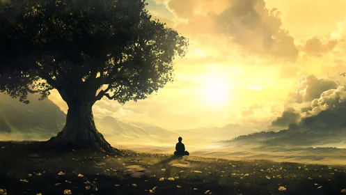 Golden sunrise meditation beneath a wise, sheltering tree.