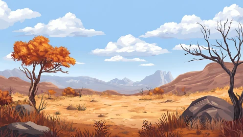 Semi-arid valley landscape shows stylized autumn trees and rocky hills