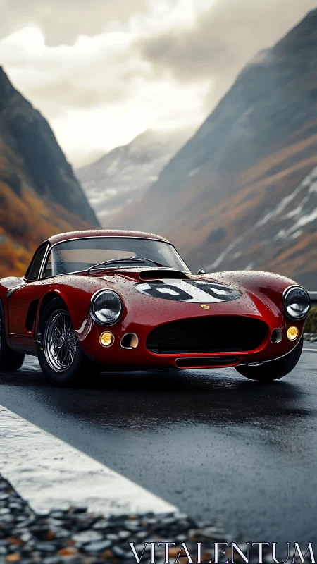 Classic red race car resting on a misty mountain road.