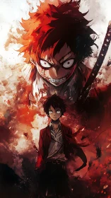 Dual anime persona rendered in dynamic fiery composition