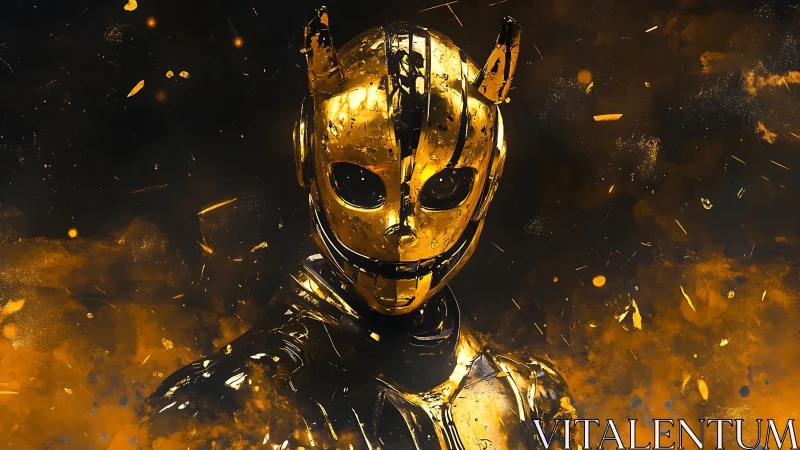 Gold-plated humanoid robot stands amid dispersed glowing debris