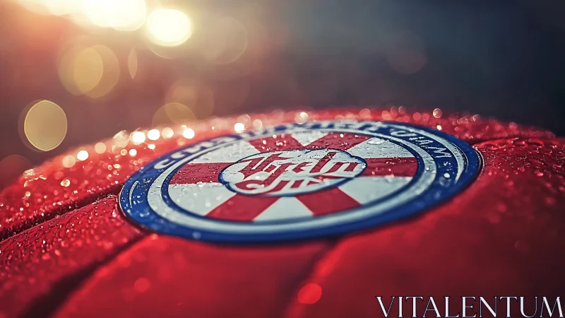 Macro optical study of wet red sports emblem under bokeh light.