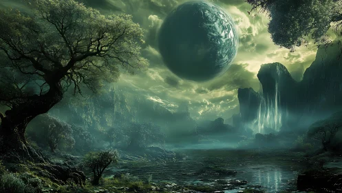 Alien forest valley under massive emerald planet and veiled falls.
