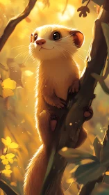 Small stylized weasel clings to tree trunk in warm light