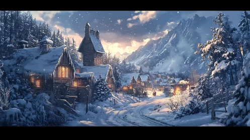 Snowlit village curls around embers of a winter evening