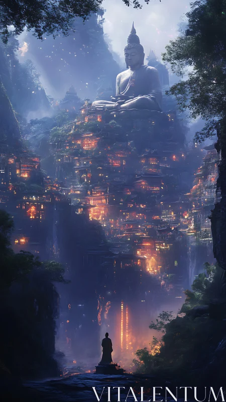 Silent Buddha above ember-lit canyon city of prayer.