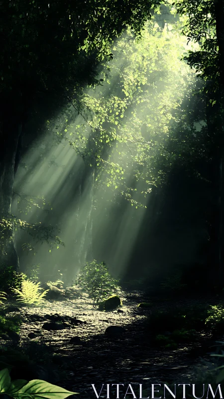 Sunlit forest clearing with dramatic god rays and foliage.