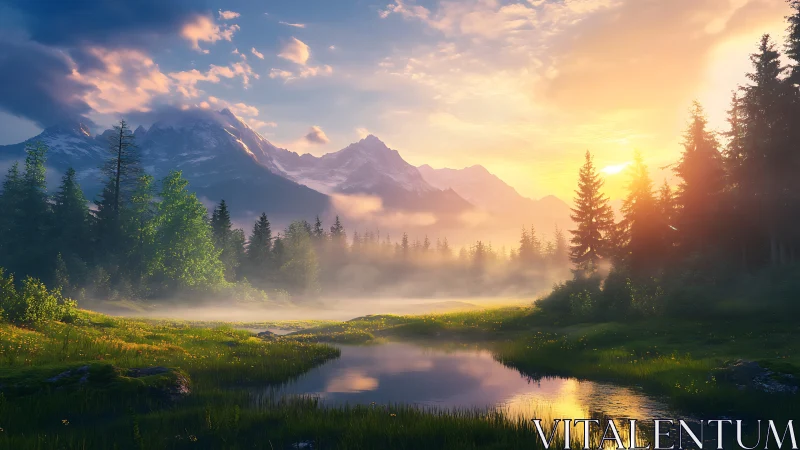 Sunrise mist over a tranquil mountain forest meadow.