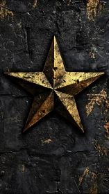 Gold metal star cuts through dark textured concrete wall.