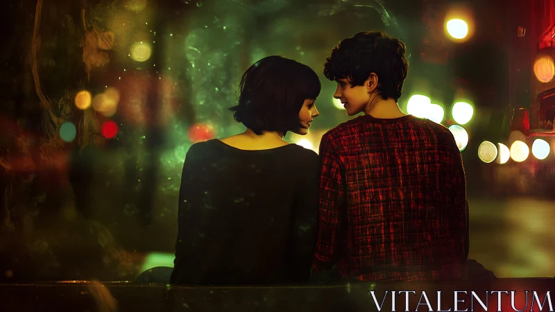 Urban Night Conversation: Two Figures Against Bokeh Light Backdrop.