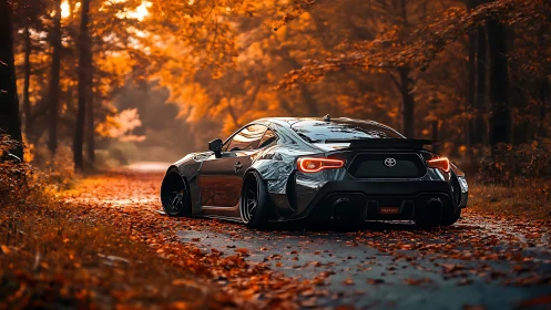 Autumn-lit sports coupe prowls a leaf-drenched forest road.