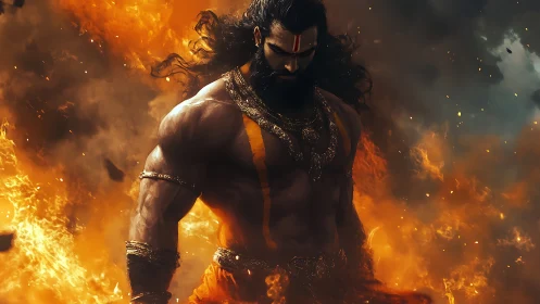 Mythic warrior in flames with intense, focused stance.