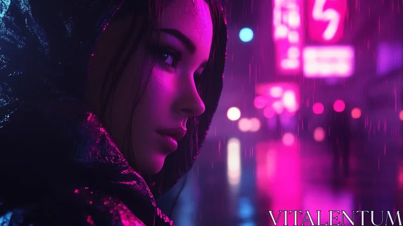 Hooded figure in neon lit rainy urban street at night.