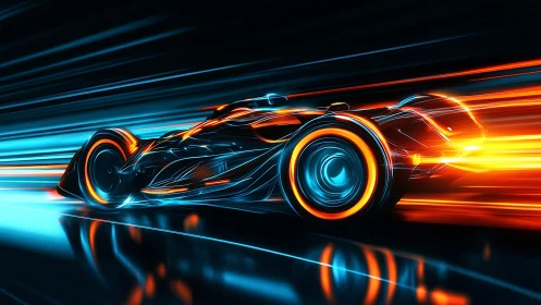 Futuristic neon race car accelerates through electric light