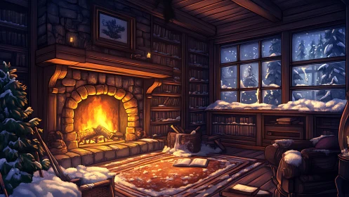 Winter library hearth with glowing fire and snowbound view.