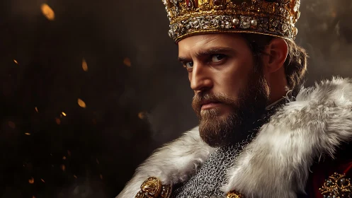 Regal gaze of a wary king amid drifting golden embers.