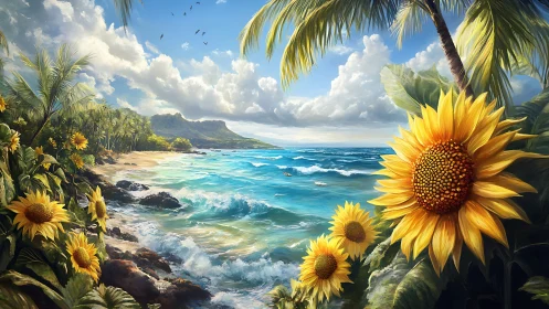 Sunlit tropical coastline merges with oversized sunflowers in bloom
