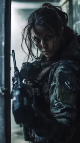 Battle ready female soldier aims rifle in dark corridor.