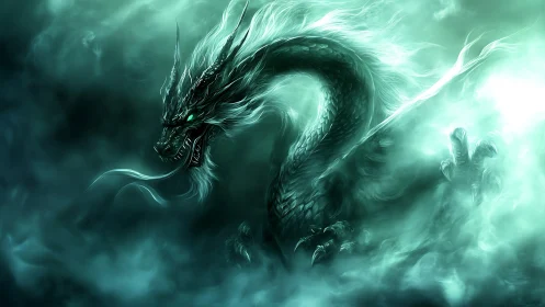 Serpentine dragon form emerges within dense teal mist