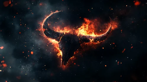 Burning bull skull with curved horns in dark smoky void.