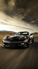 Black sports car powering through desert highway storm light.