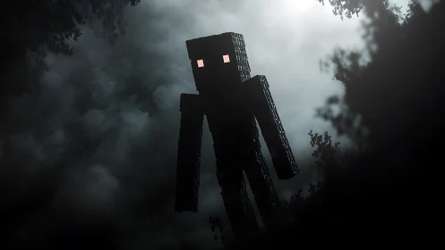 Blocky humanoid figure stands in misty moonlit forest clearing
