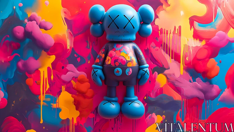 Blue vinyl figure against neon abstract paint explosion