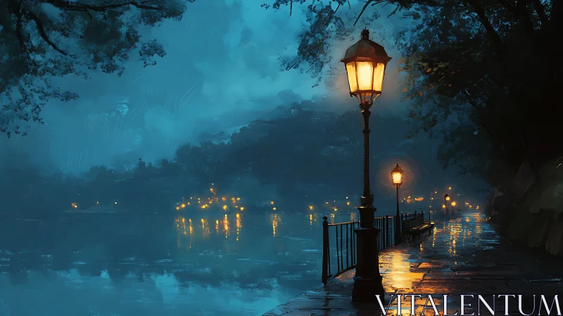 Cozy lamplit riverside walk glowing in the dreamy blue night.