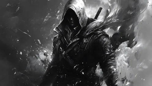 Shadow hood slips from smoke, carving a path of silent steel