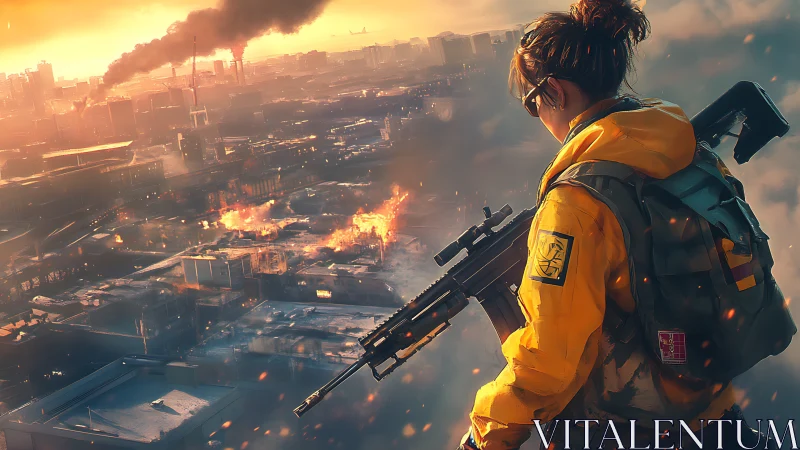 Sniper overlooking burning futuristic city at sunset.