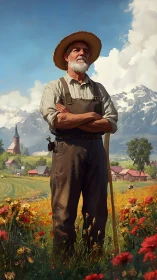 Elderly farmer standing in alpine meadow with village view.