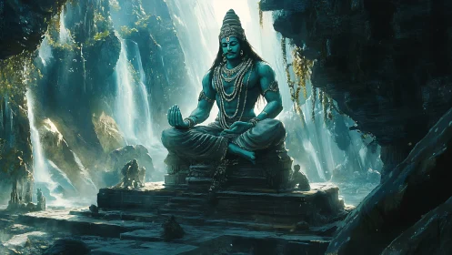 Monumental blue deity meditating amid cascading waterfalls