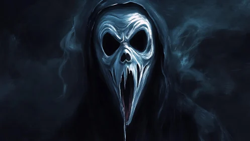 Hooded ghostly skull stretches into a chilling scream.