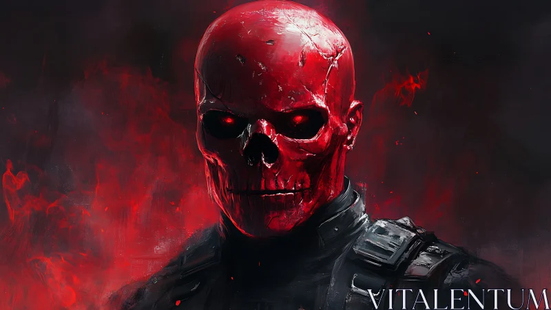 Red skeletal head figure in dark uniform with smoke field.