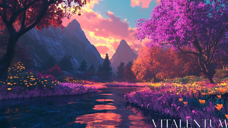 Hyperchromatic mountain valley river rendered in luminous fantasy