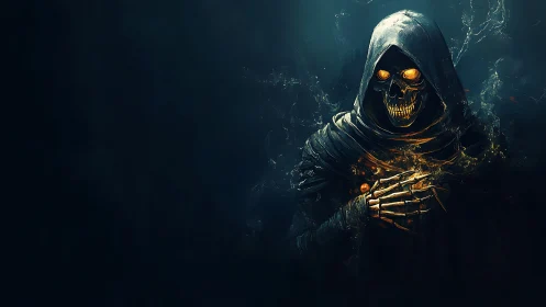 Hooded skeletal figure with glowing eyes occupies right frame