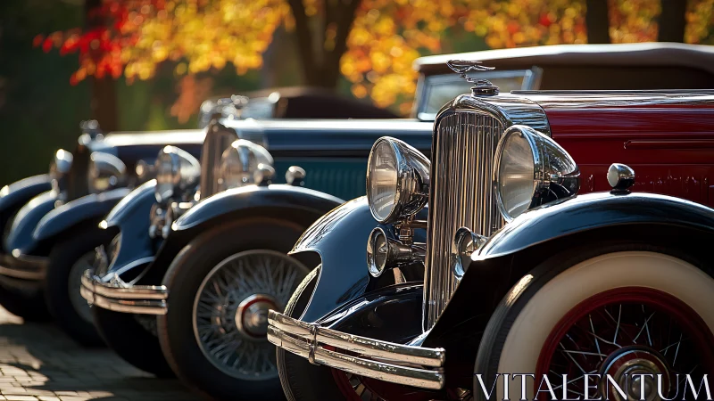 Chrome lined vintage roadsters in warm autumn sunlight.
