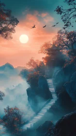 Sunlit mountain path winding toward a misty hilltop temple.