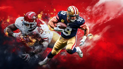 Dynamic football clash with 49ers running back in motion.