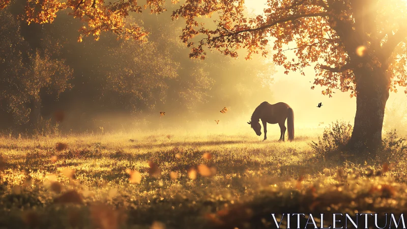 Golden autumn meadow with a quietly grazing horse at dawn.