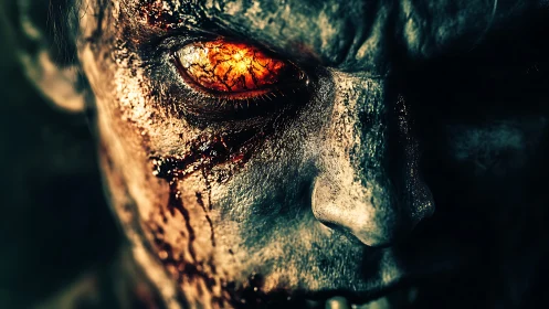 Close view shows decayed face with glowing, damaged eye