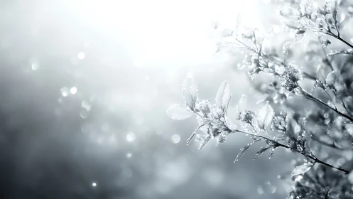 High-key macro photograph of frost-covered winter foliage in bokeh