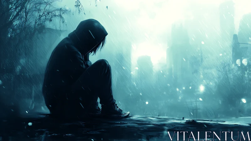 Rain-soaked silhouette curls quiet questions into the storm