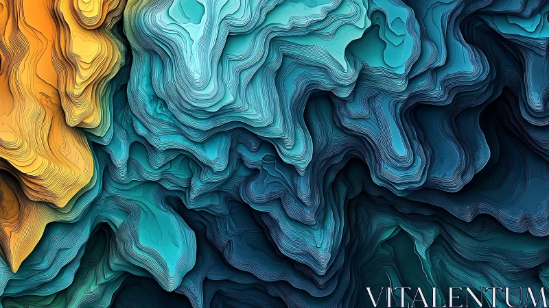 Layered abstract topographic shapes form rippled color strata