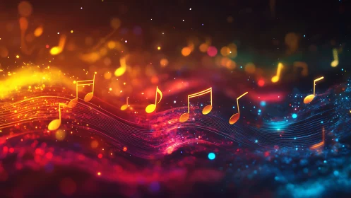 Glowing musical notes swirl through neon sound waves.