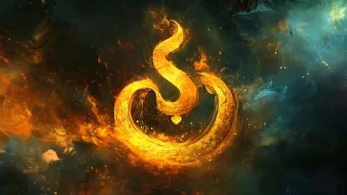 Glowing golden swirl symbol in fiery cosmic space.
