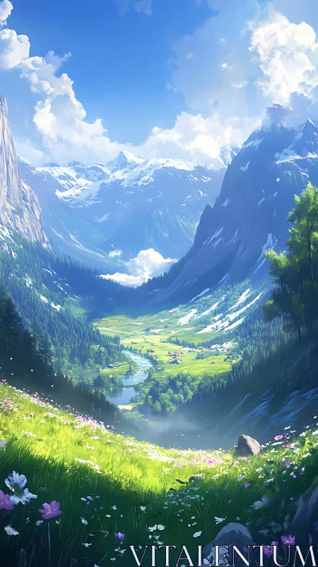 Lush alpine valley with river between high snowy peaks.