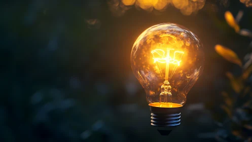 Illuminated filament bulb in warm bokeh garden setting.