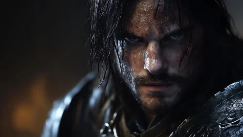 Storm-eyed warrior resting between battles, firelit gaze.